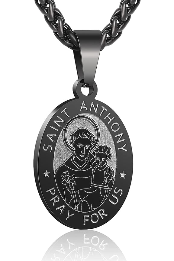 Black Saint St Anthony Necklaces for Men Boys Stainless Steel Medal Pendant Chain Christian Religious Catholic Birthday First Communion Easter Basket Stuffers Jewelry Gifts Teen Adults Kids