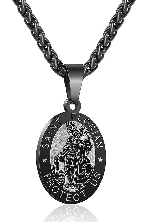 Black Saint St Florian Necklaces for Men Boys Stainless Steel Medal Pendant Chain Christian Religious Catholic Birthday First Communion Graduation Fathers Day Jewelry Gifts Teen Him Dad Kids