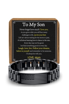 Black American Flag Watch Link Bracelets for Men Boys to My Son Gifts from Mom Birthday Graduation Fathers Day Jewelry Gifts Teen Tween Preteen Son Teenage Adults Kids Age