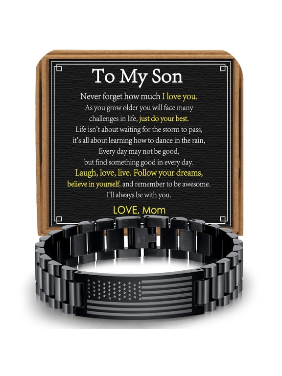 Black American Flag Watch Link Bracelets for Men Boys to My Son Gifts from Mom Birthday Graduation Fathers Day Jewelry Gifts Teen Tween Preteen Son Teenage Adults Kids Age