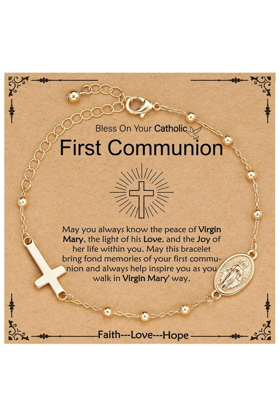 Catholic First Communion Gifts for Girls Kids Teen Daughter Granddaughter Gold Rosary Beads Virgin Mary Cross Charm Bracelet Stuff Accessories Christian Religious Jewelry Gifts for Girls Age