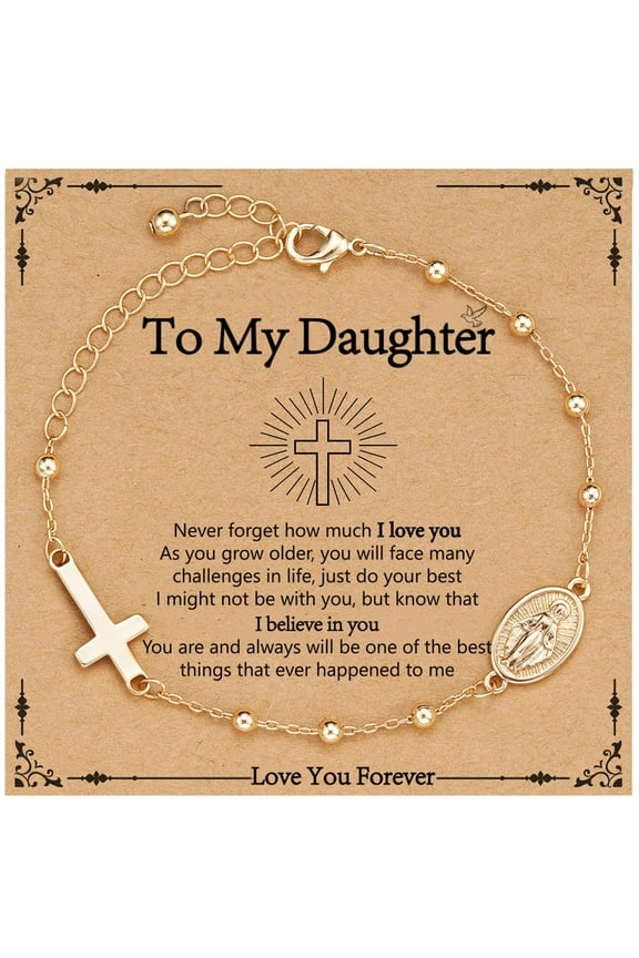 Catholic Confirmation First Communion Gifts for Daughter Teen Girls Kids Tween Preteen Gold Rosary Beads Virgin Mary Cross Charm Bracelet Religious Baptism Jewelry Gifts for Teenage Girls