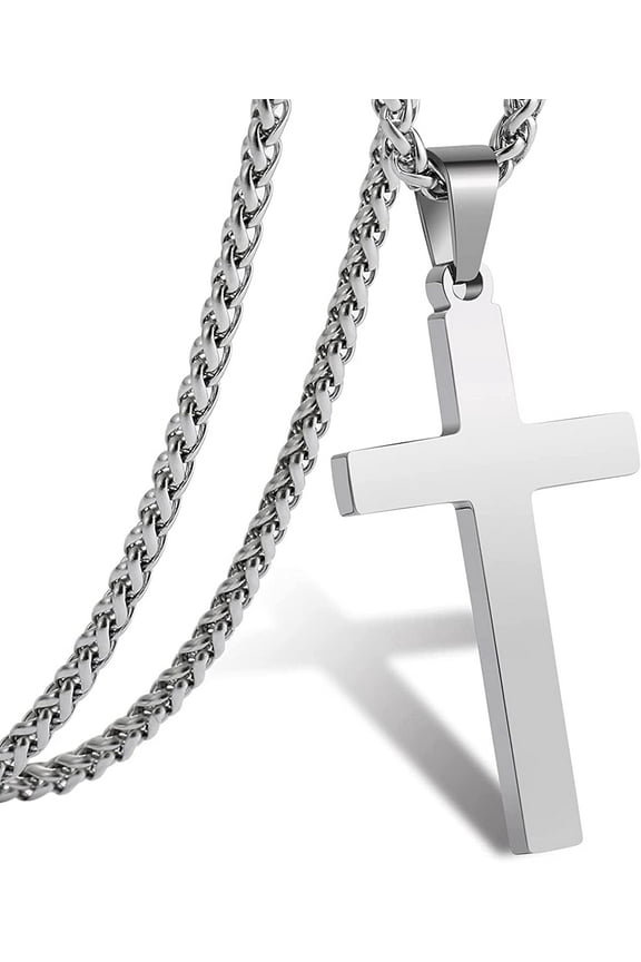 Valentines Jewelry Gifts for Men Boys Teen Him Dad Son Boyfriend Silver Cross Necklaces Stainless Steel Cross Pendant Chain Adults Kids Catholic Religious Christian Birthday