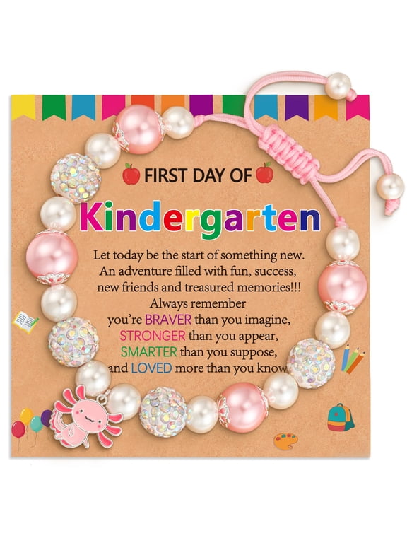 First Day of Kindergarten Back to School Jewelry Gifts for Girls Kids Pink Pearl Bead Axolotl Charm Bracelet Supplies Stuff Accessory Ideas 4-6 Year Old Mother Mom Daughter Granddaughter Age