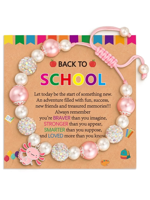 First Day of School Back to School Jewelry Gifts for Girls Kids Pink Pearl Bead Axolotl Charm Bracelet Supplies Stuff Accessory Ideas 4-6 Year Old Mother Mom Daughter Granddaughter Age