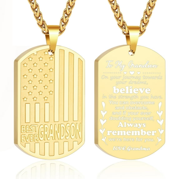 APSVO Gold Dog Tag Necklaces for Boys Men to My Grandson Gifts from Grandma American Flag Pendant Chain Catholic Christian Religious Birthday Valentines Day Jewelry Gifts Teen Him Tween Kids Ideas