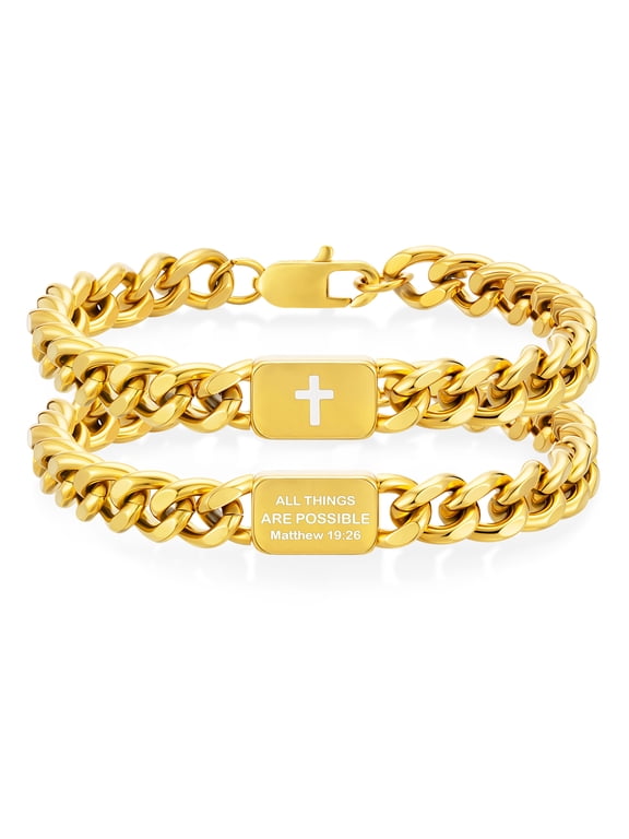 Gold Cross Bracelets for Men Bible Verse Cuban Curb Link Charm Bracelet Catholic Religious Christian Stuff Accessories Birthday Christmas Jewelry Gifts Teen Boys Stocking Stuffers Kids