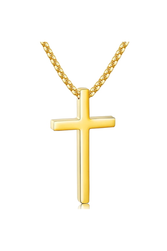 Gold Cross Necklaces for Men Boys Stainless Steel Cross Pendant Chain Catholic Religious Christian Birthday First Communion Confirmation Graduation Fathers Day Jewelry Gifts Teen Dad Him Kids