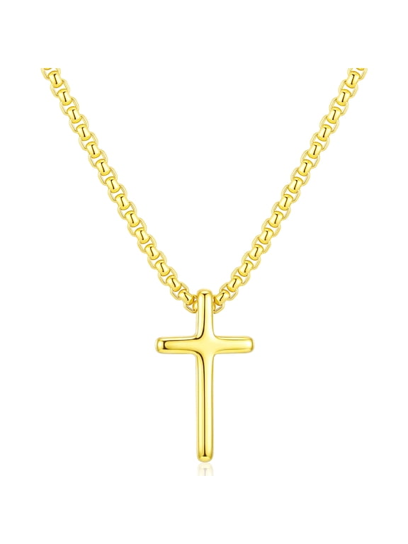 Gold Plated Cross Necklaces for Men Women 316L Stainless Steel Cross Pendant Chain Catholic Christian Religious Birthday Christmas Jewelry Gifts Teen Boys Girls Stocking Stuffers Kids 22 Inch