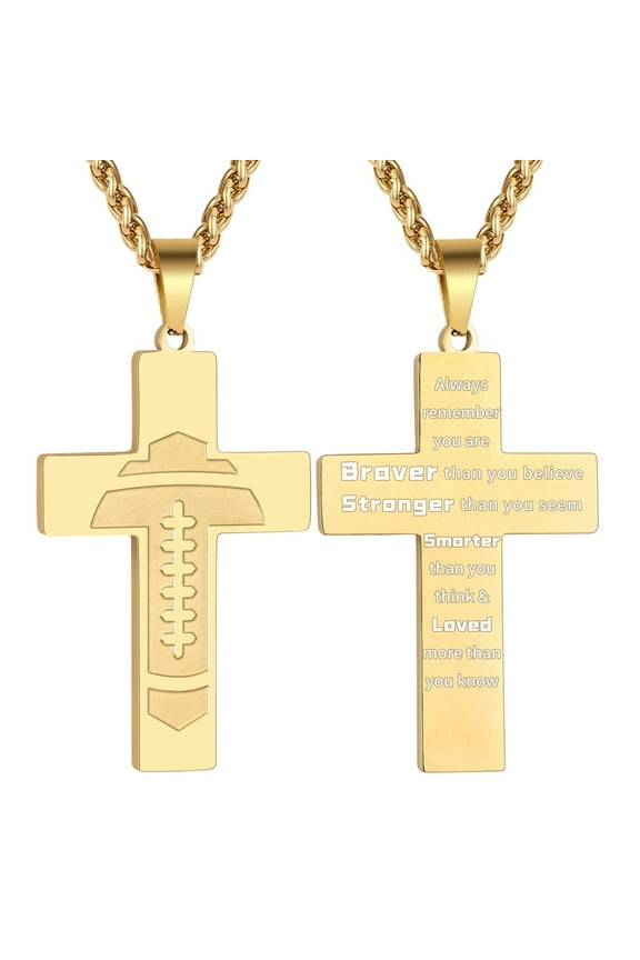 Gold Football Cross Necklace for Men Stainless Steel Bible Verse Cross Pendant 20+2 Inch Chain Christian Catholic Religious Sports Athletes Jewelry Christmas Gift Football Accessory Stuff