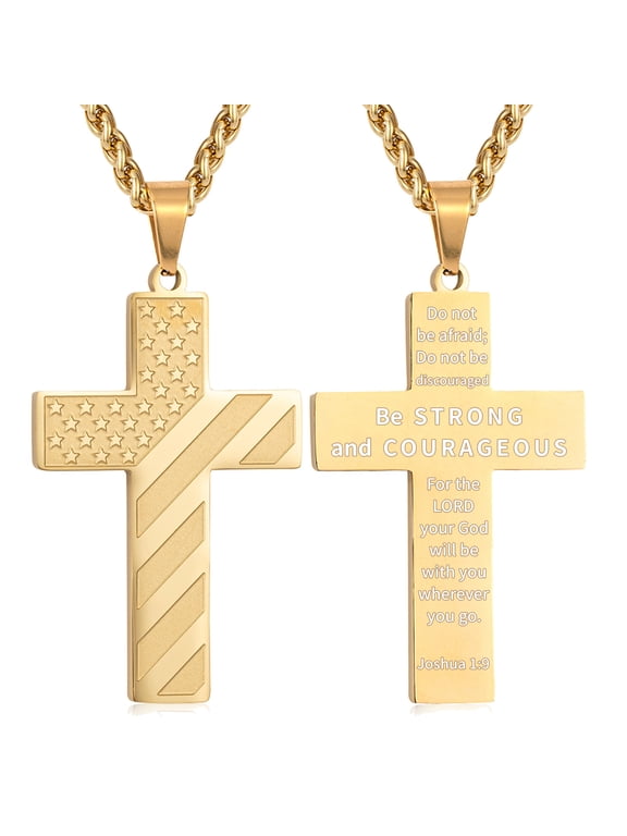 Gold Plated Cross Necklaces for Men 316L Stainless Steel American Flag Pendant Chain Catholic Christian Religious Stuff Birthday Christmas Jewelry Gifts Teen Boys Stocking Stuffers Kids