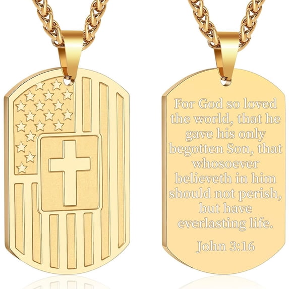 APSVO Gold Plated Dog Tag Cross Necklaces for Men American Flag Pendant Chain Catholic Christian Religious Birthday Christmas Jewelry Gifts Teen Boys Stocking Stuffers Kids