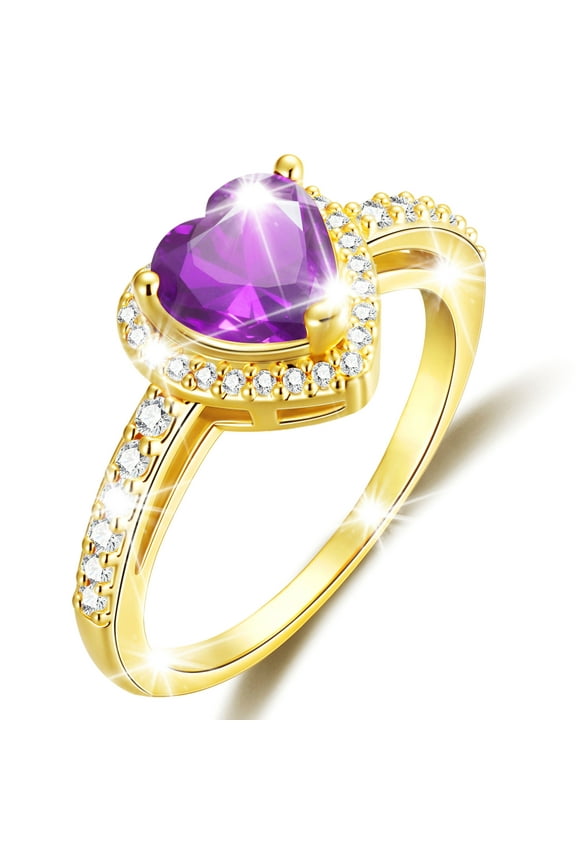 18K Gold Plated Love Heart Rings for Women Girls CZ February Birthstone Ring with Purple Amethyst Eternity Promise Band Wedding Birthday Easter Basket Stuffers Jewelry Gifts Teen Kids