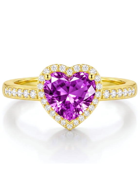 18K Gold Plated Love Heart Rings for Women CZ February Birthstone Ring with Purple Amethyst Eternity Promise Band Engagement Wedding Birthday Jewelry Gifts Teen Girls Stocking Stuffers Kids