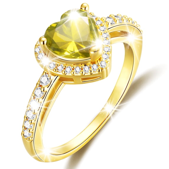 APSVO 18K Gold Plated Love Heart Rings for Women Girls CZ August Birthstone Ring with Peridot Eternity Promise Band Wedding Birthday Graduation Jewelry Gifts Teen Mom Wife Adults Kids