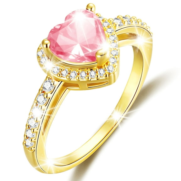 APSVO 18K Gold Plated Love Heart Rings for Women Girls CZ October Birthstone Ring with Pink Tourmaline Eternity Promise Band Wedding Birthday Valentines Day Jewelry Gifts Teen Her Adults Kids Ideas