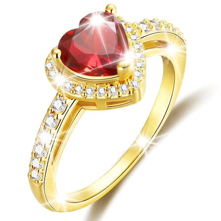 APSVO 18K Gold Plated Love Heart Rings for Women Teen Girls CZ January Birthstone Ring with Red Garnet Eternity Promise Band Wedding Birthday Jewelry Gifts