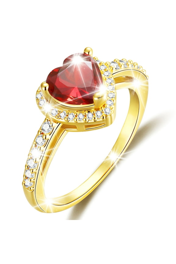 18K Gold Plated Love Heart Rings for Women Girls CZ January Birthstone Ring with Red Garnet Eternity Promise Band Wedding Birthday Valentines Day Jewelry Gifts Teen Her Lady Adults Kids Ideas