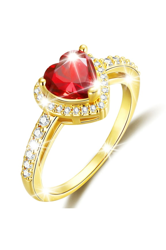 18K Gold Plated Love Heart Rings for Women Girls CZ July Birthstone Ring with Red Ruby Eternity Promise Band Wedding Birthday Valentines Day Jewelry Gifts Teen Her Lady Female Adults Kids Ideas