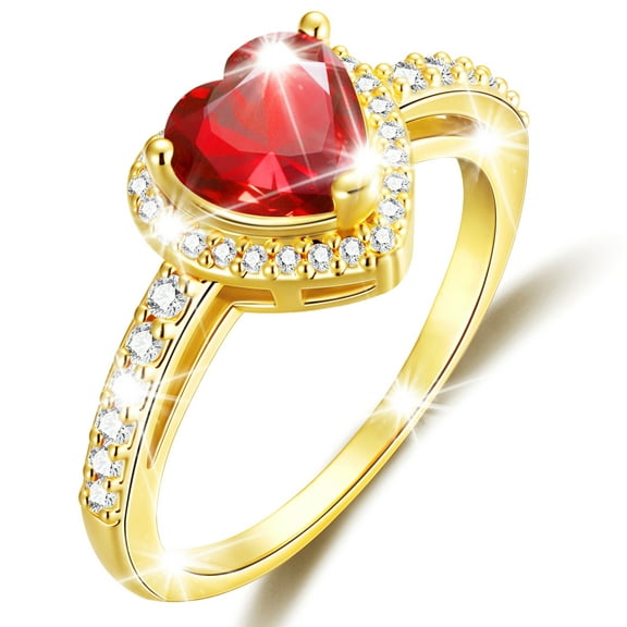 APSVO 18K Gold Plated Love Heart Rings for Women Girls CZ July Birthstone Ring with Red Ruby Eternity Promise Band Wedding Birthday Valentines Day Jewelry Gifts Teen Her Lady Female Adults Kids Ideas