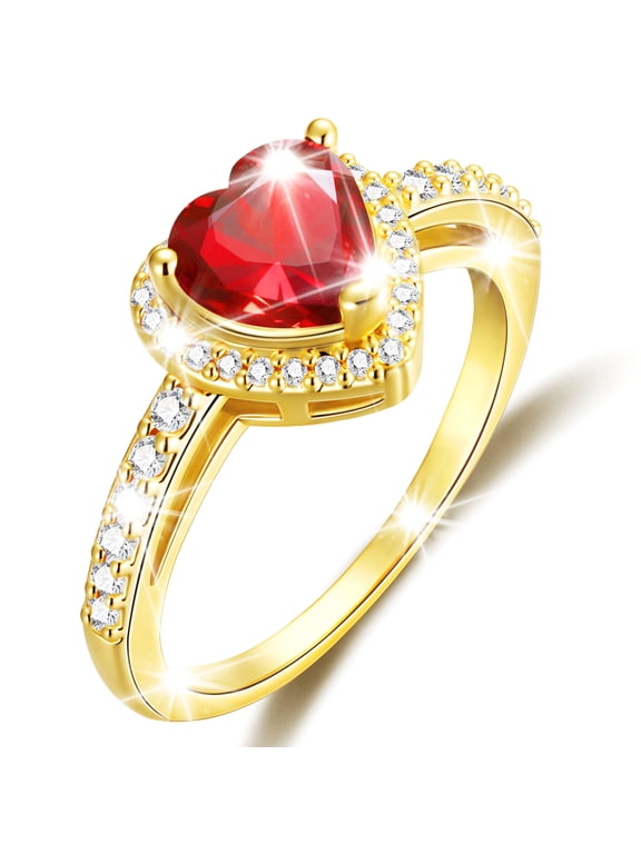 18K Gold Plated Love Heart Rings for Women CZ July Birthstone Ring with Red Ruby Eternity Promise Band Engagement Wedding Birthday Jewelry Gifts Teen Girls Stocking Stuffers Kids