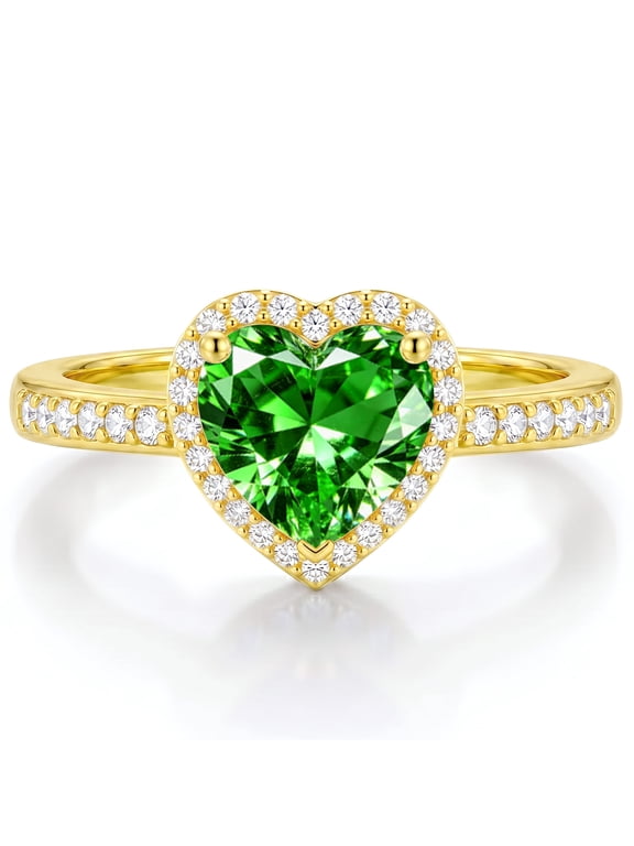 18K Gold Plated Love Heart Rings for Women CZ May Birthstone Ring with Green Emerald Eternity Promise Band Engagement Wedding Birthday Jewelry Gifts Teen Girls Stocking Stuffers Kids