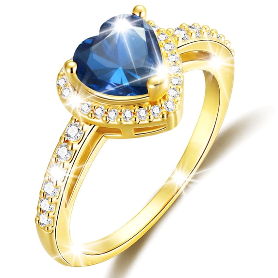 APSVO 18K Gold Plated Love Heart Rings for Women Girls CZ September Birthstone Ring with Blue Sapphire Eternity Promise Band Wedding Birthday Graduation Prom Jewelry Gifts Teen Mom Kids