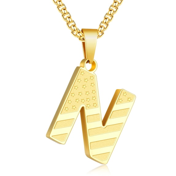 APSVO Gold Initial Necklaces for Men Boys Stainless Steel American Flag Letter N Pendent Chain Birthday Graduation Fathers Day Jewelry Gifts Teen Him Dad Boyfriend Male Son Adults Kids Age Ideas