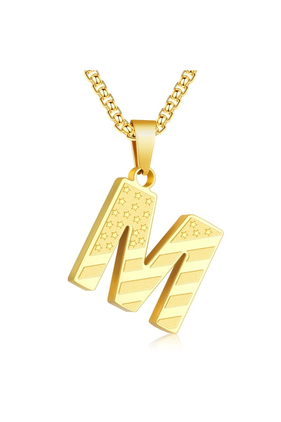Gold Initial Necklaces for Men Boys Stainless Steel American Flag Letter M Pendent Chain Birthday Valentines Day Jewelry Gifts Teen Him Boyfriend Husband Male Son Dad Adults Kids Age Ideas