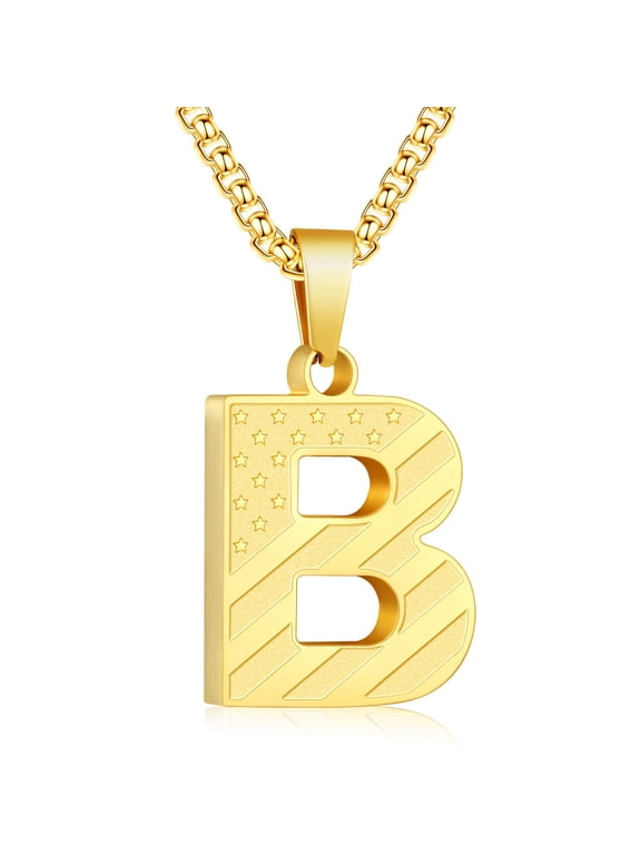 Gold Plated Initial Necklaces for Men Stainless Steel American Flag Letter B Pendent Chain Birthday Christmas Jewelry Gifts Teen Boys Stocking Stuffers Kids