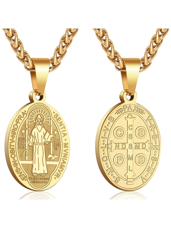 Gold Plated Saint St Benedict Necklaces for Men Stainless Steel Medal Pendant Chain Christian Religious Catholic Birthday Christmas Jewelry Gifts Teen Boys Stocking Stuffers Kids