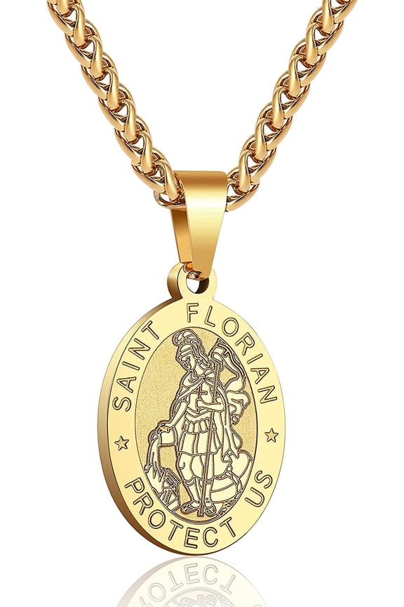 Gold Saint St Florian Necklaces for Men Boys Stainless Steel Medal Pendant Chain Christian Religious Catholic Birthday First Communion Easter Basket Stuffers Jewelry Gifts Teen Adults Kids