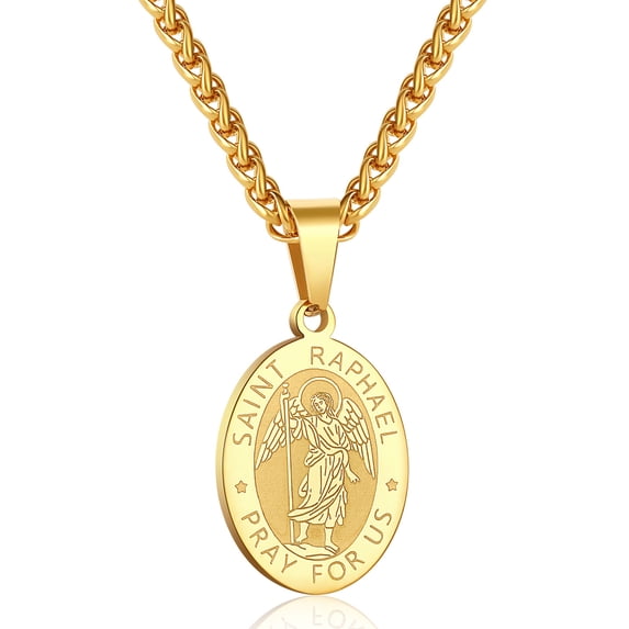 APSVO Gold Saint St Raphael Necklaces for Men Boys Stainless Steel Medal Pendant Chain Christian Religious Catholic Birthday First Communion Graduation Fathers Day Jewelry Gifts Teen Him Dad Kids