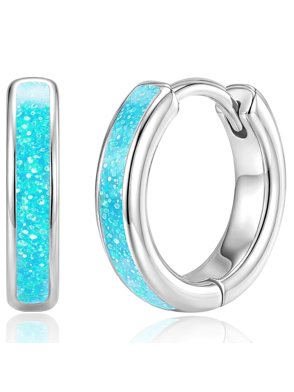 18K White Gold Plated Hoop Earrings for Women Ocean Blue Opal Huggie with S925 Sterling Silver Post Hypoallergenic Earrings Birthday Christmas Jewelry Gifts Teen Girls Stocking Stuffers Kids