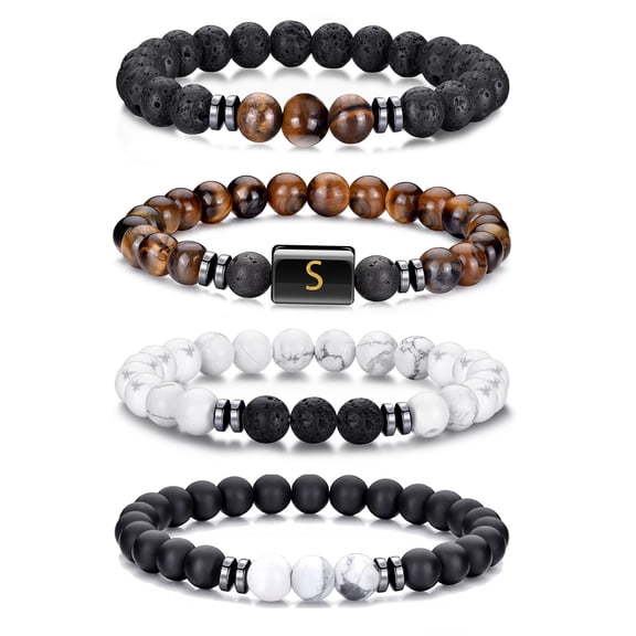 APSVO Initial Bracelets for Men Natural Stone Beaded Tiger Eye Lava Rock Obsidian Stretch Letter A Bracelet Set Birthday Christmas Jewelry Gifts Teen Stocking Stuffers Kids