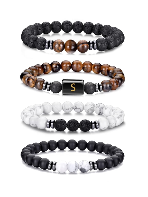 Initial Bracelets for Men Natural Stone Beaded Tiger Eye Lava Rock Obsidian Stretch Letter S Bracelet Set Birthday Christmas Jewelry Gifts Teen Stocking Stuffers Kids