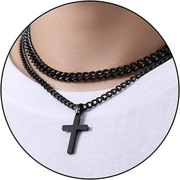 APSVO Layered Black Cross Necklaces for Men Boys Stainless Steel Cuban Curb Link Pendant Chain Set Religious Christian Birthday Valentines Day Jewelry Gifts Him Teen Dad Boyfriend Adults Kids Ideas