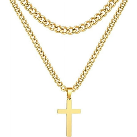 APSVO Layered Gold Cross Necklaces for Men Boys Stainless Steel Cuban Curb Link Pendant Chain Set Religious Christian Birthday Valentines Day Jewelry Gifts Him Teen Dad Boyfriend Adults Kids Ideas
