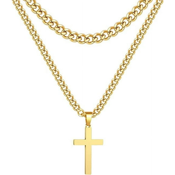 APSVO Layered Gold Cross Necklaces for Men Boys Stainless Steel Cuban Curb Link Pendant Chain Set Religious Christian Birthday Valentines Day Jewelry Gifts Him Teen Dad Boyfriend Adults Kids Ideas