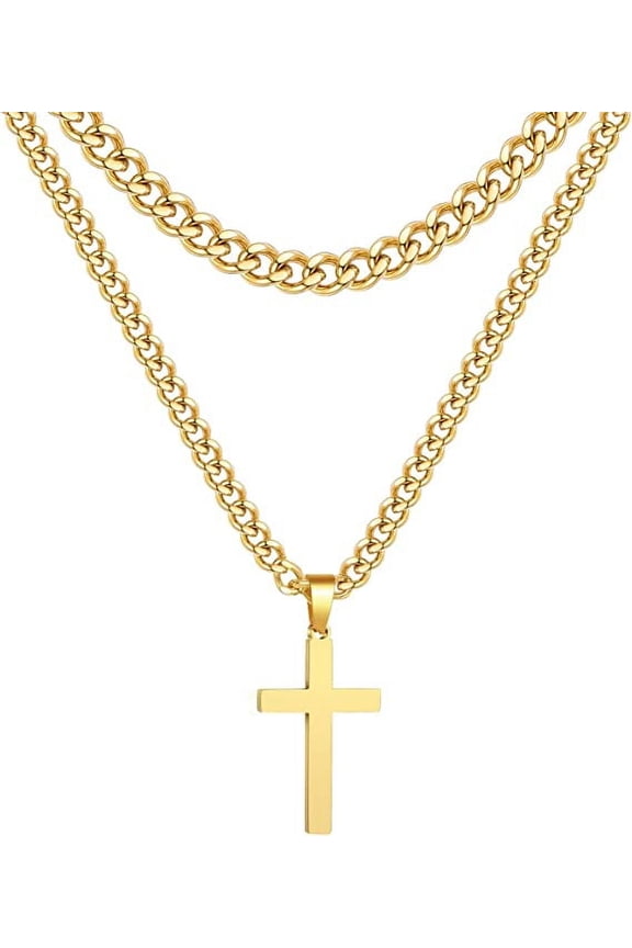 Layered Gold Cross Necklaces for Men Boys Stainless Steel Cuban Curb Link Pendant Chain Set Religious Christian Birthday First Communion Graduation Fathers Day Jewelry Gifts Teen Him Dad Kids