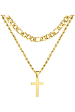 Layered Gold Cross Necklaces for Men Boys Stainless Steel Figaro Twist Rope Pendant Chain Set Religious Christian Birthday First Communion Graduation Fathers Day Jewelry Gifts Teen Dad Him Kids