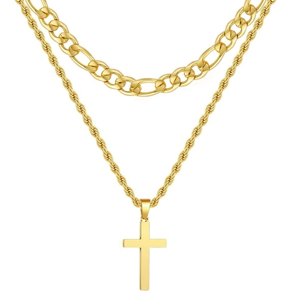 APSVO Layered Gold Cross Necklaces for Men Boys Stainless Steel Figaro Twist Rope Pendant Chain Set Religious Christian Birthday Valentines Day Jewelry Gifts Him Teen Dad Husband Adults Kids Ideas