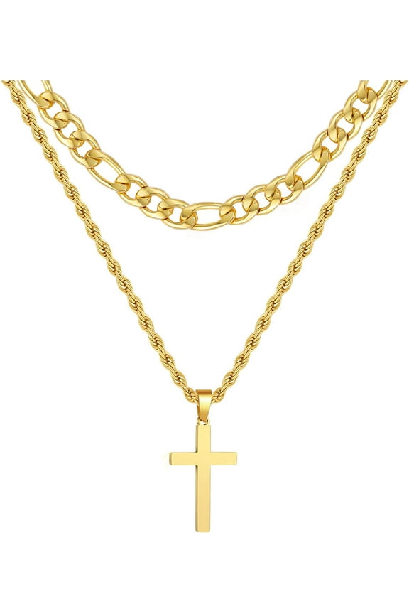 Layered Gold Cross Necklaces for Men Boys Stainless Steel Figaro Twist Rope Pendant Chain Set Religious Christian Birthday Valentines Day Jewelry Gifts Him Teen Dad Husband Adults Kids Ideas