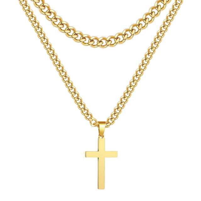 APSVO Layered Gold Cross Necklace for Men Boys Stainless Steel Layered