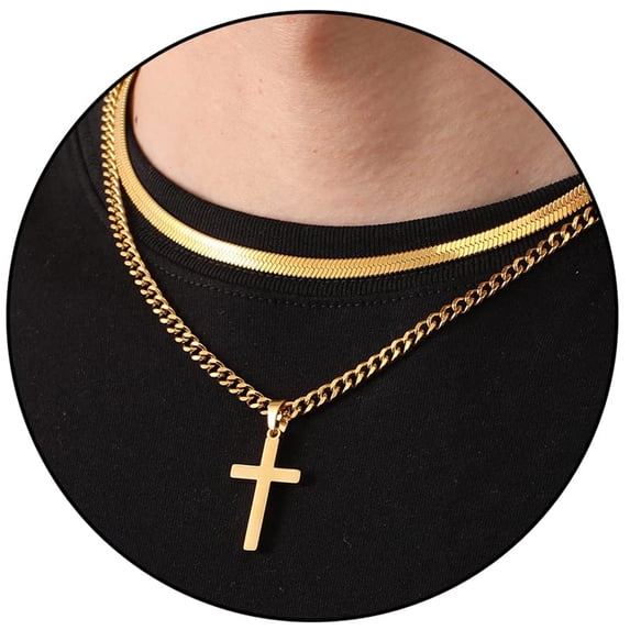 APSVO Layered Gold Plated Cross Necklaces for Men Stainless Steel Cuban Herringbone Pendant Chain Set Religious Christian Birthday Christmas Jewelry Gifts Teen Boys Stocking Stuffers Kidss