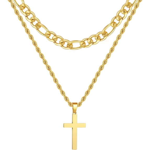 APSVO Layered Gold Plated Cross Necklaces for Men Stainless Steel Figaro Twist Rope Pendant Chain Set Religious Christian Accessories Birthday Christmas Jewelry Gifts Teen Boys Stocking Stuffers Kids