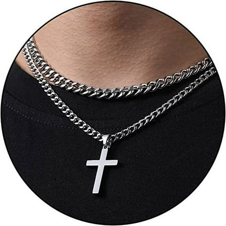 APSVO Layered Silver Cross Necklaces for Men Stainless Steel Cuban Curb Link Pendant Chain Necklaces Set Graduation Father's Day Jewelry Gifts Ideas Dad Husband Son Teen Teenage Age