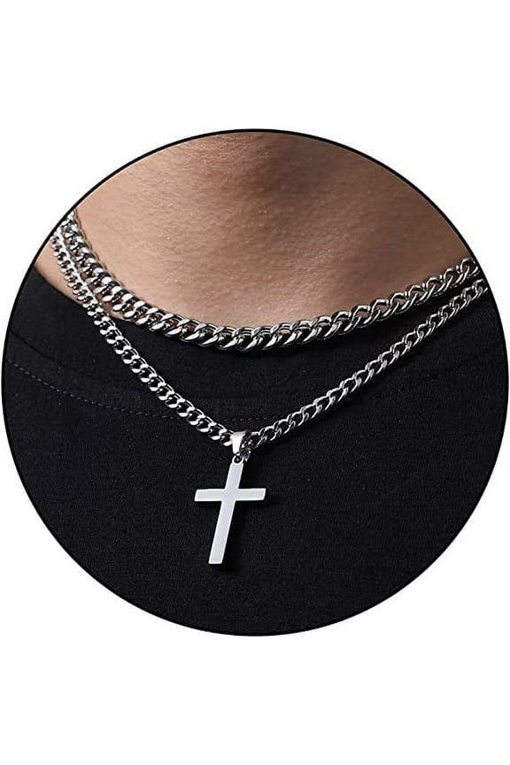 Layered Silver Cross Necklaces for Men Stainless Steel Cuban Curb Link Pendant Chain Necklaces Set Graduation Father's Day Jewelry Gifts Ideas Dad Husband Son Teen Teenage Age