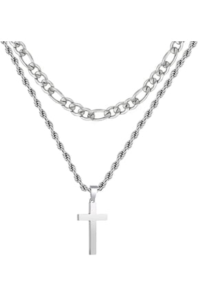 Layered Silver Cross Necklaces for Men Boys Stainless Steel Figaro Rope Pendant Chain Set Religious Christian Birthday First Communion Graduation Fathers Day Jewelry Gifts Teen Dad Him Kids