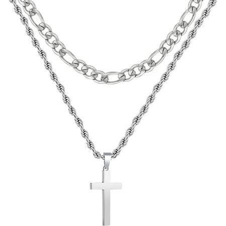 APSVO Layered Silver Cross Necklaces for Men Boys Stainless Steel Figaro Rope Pendant Chain Set Religious Christian Birthday First Communion Graduation Fathers Day Jewelry Gifts Teen Dad Him Kids